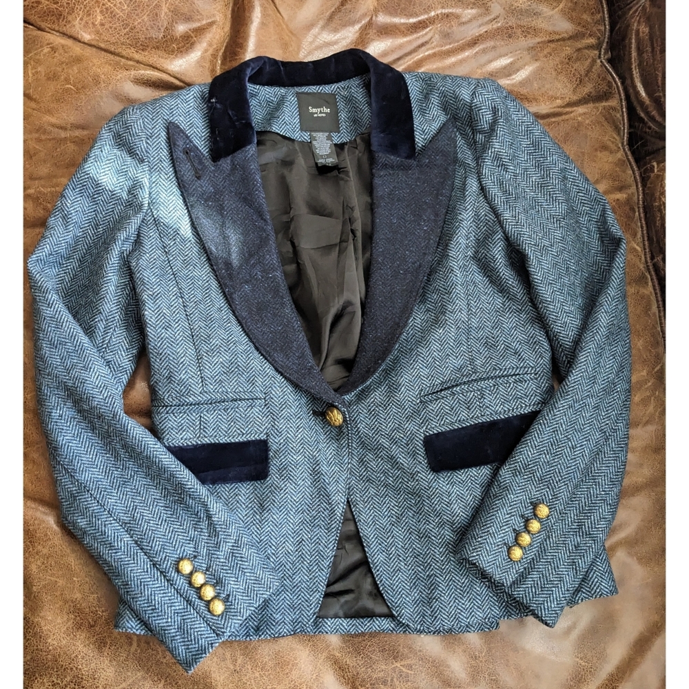 SMYTHE Velvet Trimmed Herringbone Wool Blazer- fits like 10